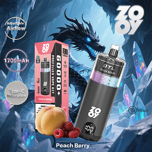 Promotional image for Zovy Peach Berry prefilled vape kit featuring the device, its packaging, ripe peaches and raspberries, device features like adjustable airflow and Type-C charging, against a fantasy ice cave background with a blue dragon.