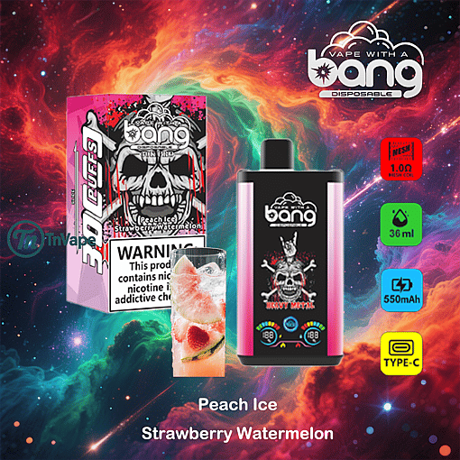 Promotional image for Bang disposable vape featuring a product box and device with skull artwork, flavor options Peach Ice and Strawberry Watermelon, and highlighted features such as 30,000 puffs, 36ml capacity, 1.0Ω mesh coil, 550mAh battery, and Type-C charging, set against a colorful cosmic background.