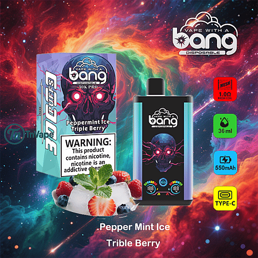 Vape With A Bang disposable vape packaging and device featuring a neon skull design, labeled Peppermint Ice Triple Berry flavor, against a colorful cosmic background with icons showing 30,000 puffs, 36ml capacity, 550mAh battery, and Type-C charging, alongside berries, mint leaves, and ice illustrations.