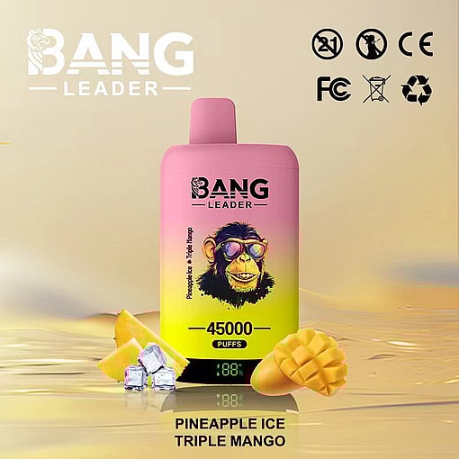 Colorful Bang Leader disposable vape featuring a cartoon chimpanzee with sunglasses, surrounded by pineapple slices, mango, and ice cubes, labeled with '45000 puffs' and 'Pineapple Ice Triple Mango' flavor.