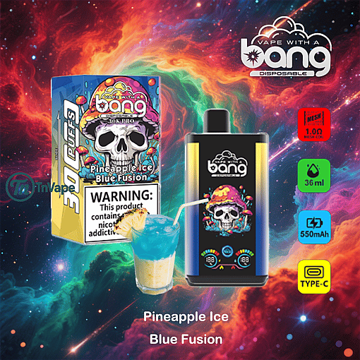 Colorful promotional image for Bang disposable vape in Pineapple Ice Blue Fusion flavor, featuring the vape device, product packaging with a skull and fruit design, a tropical drink, and icons highlighting specifications such as 30,000 puffs, 36ml capacity, 550mAh battery, and Type-C charging, set against a vibrant cosmic background.