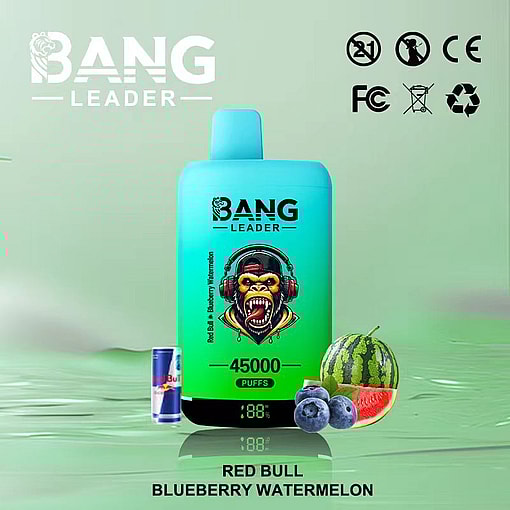 Bang Leader disposable vape device with 45,000 puffs, featuring Red Bull, blueberry, and watermelon flavors, shown with a mini Red Bull can, blueberries, and a watermelon slice on a green background.