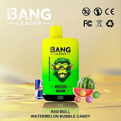 Bang Leader vape device with a green monkey logo, labeled 'Red Bull Watermelon Bubble Candy' flavor, surrounded by a Red Bull can, watermelon, and colorful bubble candies, advertising 45,000 puffs.