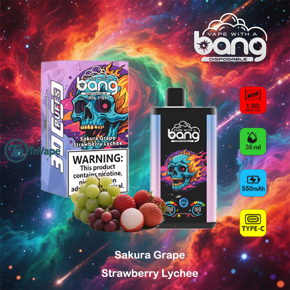 Promotional image for Bang Disposable vape in Sakura Grape Strawberry Lychee flavor, featuring a vape device and packaging with a flaming skull design, assorted grapes, strawberries, and lychee fruits, product details like 36 ml capacity, 550 mAh battery, and colorful cosmic background.