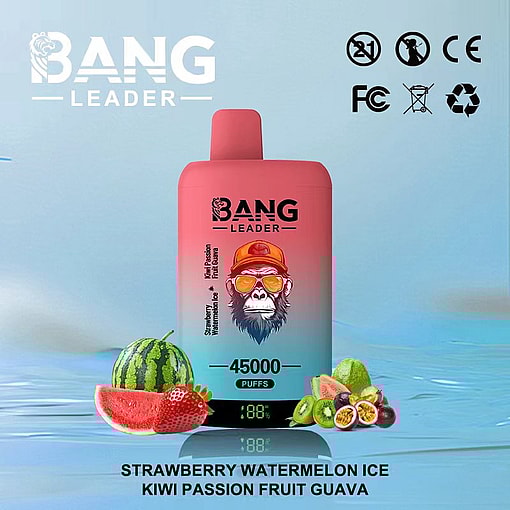 Bang Leader vape device with gorilla graphic, labeled 45,000 puffs, surrounded by watermelon, strawberry, kiwi, passion fruit, and guava, highlighting strawberry watermelon ice and kiwi passion fruit guava flavors.