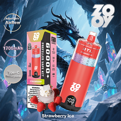 Promotional image for Zovoy Strawberry Ice prefilled vape kit featuring a red vape device, product box, strawberries with cream, a blue dragon in an icy fantasy background, and product highlights such as adjustable airflow, 1700mAh battery, and Type-C charging.