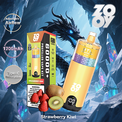 Promotional image for a ZOOVY branded strawberry kiwi flavored prefilled vape kit, featuring the vape device, packaging, strawberries, kiwi, and a fantasy dragon in an icy cavern background, with product features like adjustable airflow and rechargeable 1700mAh battery highlighted.