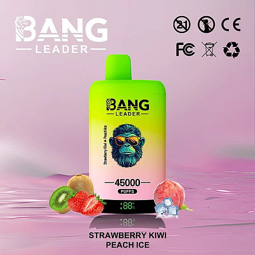 Bang Leader vape device with a colorful gradient design and gorilla illustration, displaying 45000 puffs, surrounded by strawberry, kiwi, peach, and ice imagery representing the Strawberry Kiwi Peach Ice flavor.