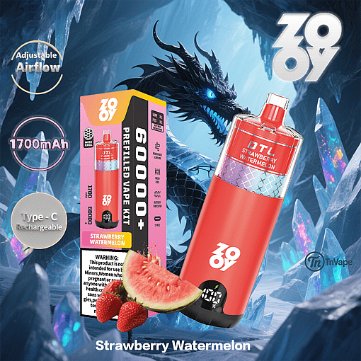 Promotional image for a Zooy brand strawberry watermelon flavored vape kit, featuring the vape device, product box, slices of strawberry and watermelon, and highlighted features like adjustable airflow, 1700mAh battery, and Type-C charging, set against an icy dragon-themed background.
