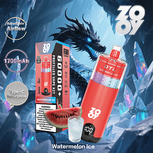 Promotional image for Zoqy Watermelon Ice prefilled vape kit featuring a large vape device, its packaging, a slice of watermelon, a glass of ice water, and product features against an icy dragon fantasy background.