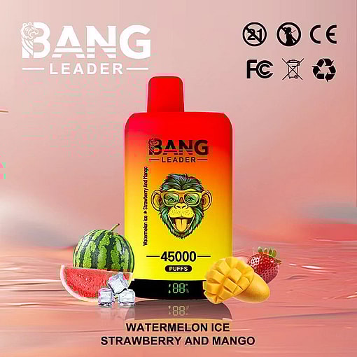 Colorful Bang Leader vape device with 45,000 puffs, displayed with watermelon, ice cubes, strawberry, and mango, highlighting the flavors watermelon ice, strawberry, and mango.