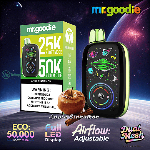Advertising image for the mr.goodie Apple Cinnamon vape featuring the device with a space-themed design, its packaging, an apple with cinnamon sticks, and key features such as eco and boost modes, full LED display, adjustable airflow, and dual mesh technology, all set against a cosmic background.