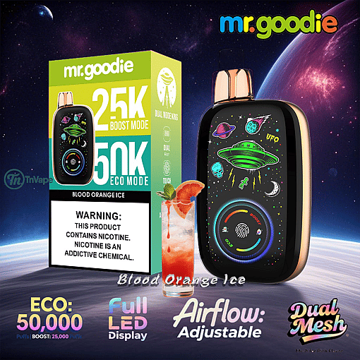 Advertisement for mr.goodie Blood Orange Ice vape featuring a colorful vape device with UFO and space-themed graphics, product box, a glass of blood orange drink, and highlighted features like 50,000 puff eco mode, full LED display, adjustable airflow, and dual mesh technology.