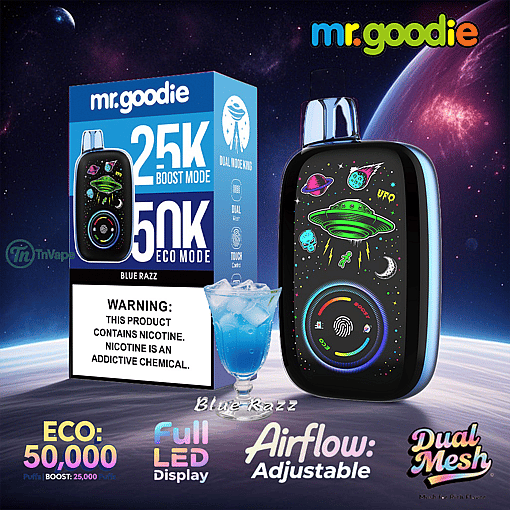 Colorful advertisement for mr.goodie Blue Razz vape device, featuring a space-themed design with UFOs and planets, showing the device, packaging, a blue drink, and text highlighting features like dual modes, adjustable airflow, up to 50,000 puffs, and full LED display.