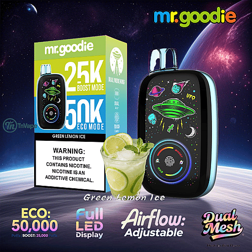 Advertisement for mr.goodie Green Lemon Ice vape featuring a device with a UFO and space-themed design, its packaging, a glass of green lemon ice drink, and highlights such as dual mode, 50,000 puffs in eco mode, adjustable airflow, full LED display, and a nicotine warning.
