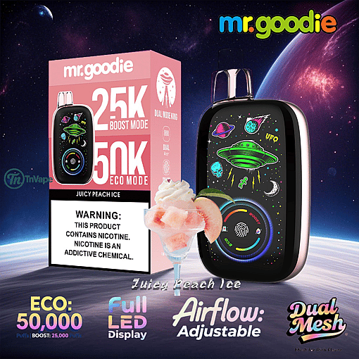 Advertising image for mr.goodie Juicy Peach Ice disposable vape featuring product packaging, a space-themed vape device with colorful alien and UFO graphics, a peach ice dessert, and highlighted features like dual mode options, adjustable airflow, and LED display.