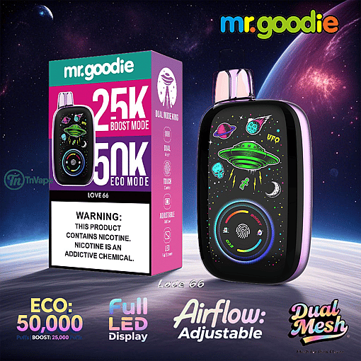 Colorful advertisement for the Mr. Goodie vape device showing the product with a space-themed design, highlighting features like dual mode with 25,000 puffs in boost mode and 50,000 puffs in eco mode, adjustable airflow, full LED display, and dual mesh, along with a nicotine warning label.