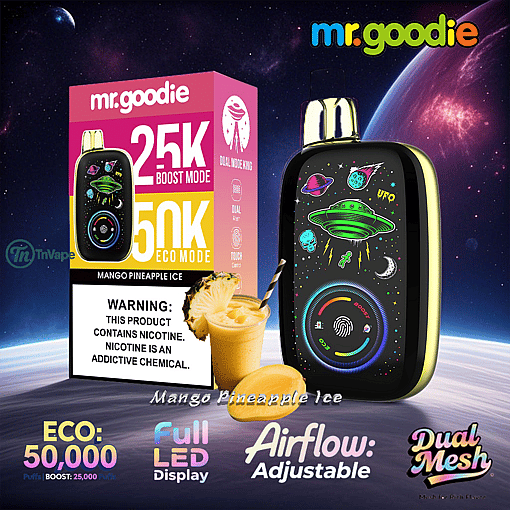 Promotional image for mr.goodie Mango Pineapple Ice vape, showing the device with a space-themed design, product box, smoothie, and features like eco and boost puff modes, full LED display, adjustable airflow, and dual mesh technology, set against a cosmic background.