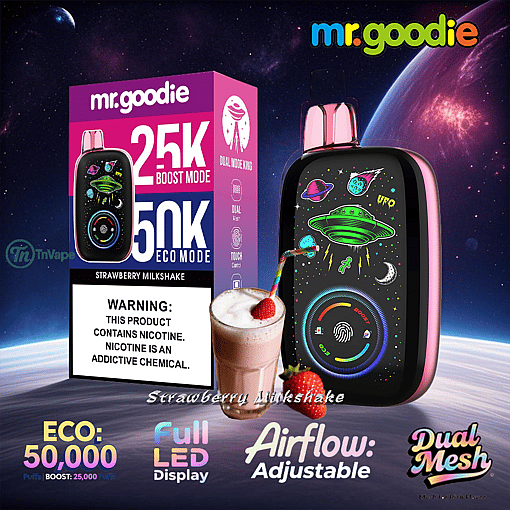 Mr.goodie strawberry milkshake flavored vape packaging and device with space-themed design, strawberry milkshake glass, and features like adjustable airflow and full LED display highlighted against a cosmic background.