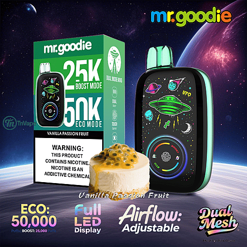 Promotional image for mr.goodie vanilla passion fruit vape featuring a green sci-fi themed vape device and packaging, a cheesecake slice topped with passion fruit, and product highlights such as 50,000 puffs in eco mode, adjustable airflow, full LED display, and dual mesh technology, set against a space-themed background.