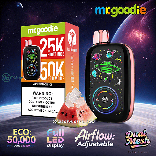 Mr. Goodie Watermelon Ice disposable vape packaging and device featuring a UFO and space-themed design, with watermelon and ice cubes in the foreground, highlighted features like 50,000 puffs in eco mode, adjustable airflow, full LED display, and dual mesh for rich flavor.
