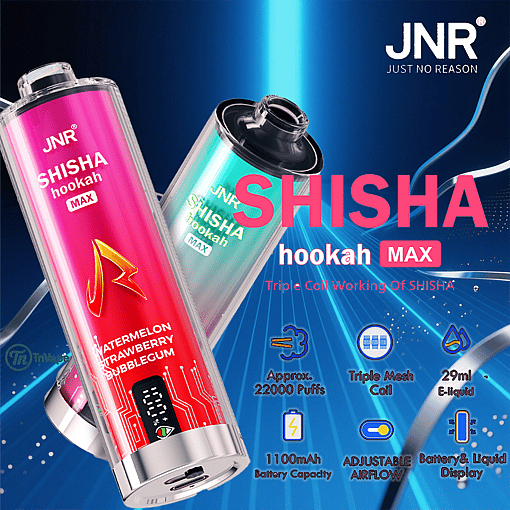 Advertising image for JNR Shisha Hookah Max disposable vape devices, featuring colorful vape pens, product features including 22,000 puffs, triple mesh coil, 29ml e-liquid, 1100mAh battery, adjustable airflow, and battery/liquid display, with prominent branding and flavor information (watermelon, strawberry, bubblegum).