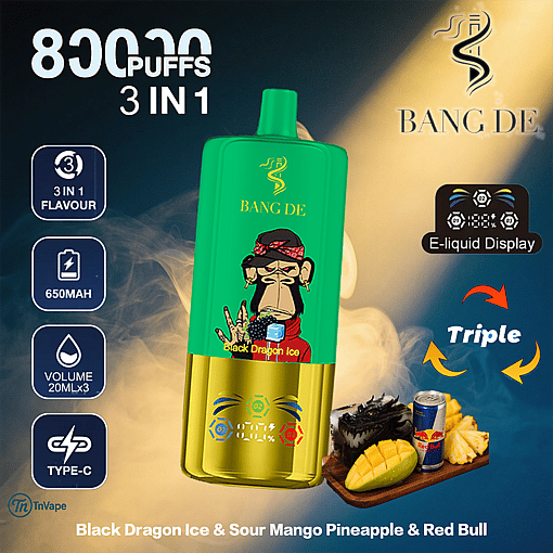 Promotional image for Bang De disposable vape featuring a green and gold device with a cartoon ape, highlighting 8000 puffs, 3-in-1 flavors (Black Dragon Ice, Sour Mango Pineapple, Red Bull), e-liquid display, 650mAh battery, and USB Type-C charging; fruit and energy drink images emphasize the flavors.