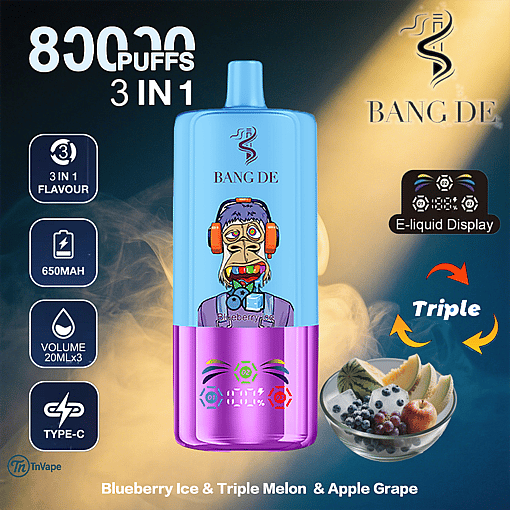 Colorful Bang De disposable vape device featuring digital e-liquid display and 3-in-1 flavors of blueberry ice, triple melon, and apple grape, shown with a fruit bowl and promotional text highlighting 8000 puffs and other features.