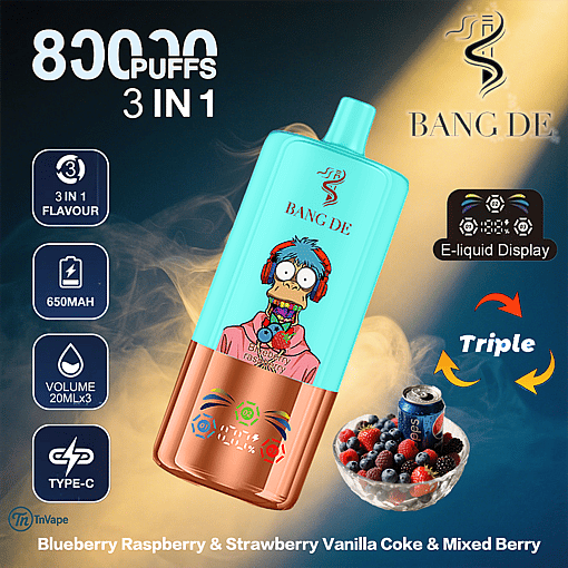 Promotional image for BANG DE vape device featuring a cartoon bird wearing headphones, product features like 8000 puffs and triple flavors, and images of berries and a can of soda representing blueberry raspberry, strawberry vanilla coke, and mixed berry flavors.