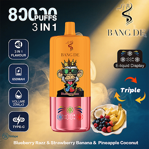 Promotional image for BANG DE 3-in-1 vape featuring a cartoon monkey with sunglasses and a crown, highlighting 8000 puffs, 650mAh battery, E-liquid display, Type-C charging, and flavors Blueberry Razz, Strawberry Banana, and Pineapple Coconut with a fruit plate illustration.