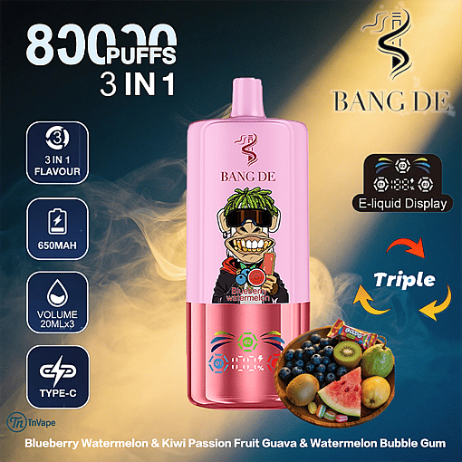 Promotional image for the BANG DE 3-in-1 vape device with 8000 puffs, featuring a pink and metallic device, e-liquid display, and icons for battery capacity, volume, and charging type; includes a cartoon monkey on the device and a bowl of fruits and bubble gum illustrating flavors: blueberry watermelon, kiwi passion fruit guava, and watermelon bubble gum.