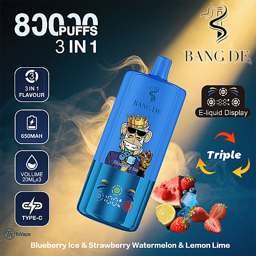 Promotional image for BANG DE 3-in-1 disposable vape featuring 8000 puffs, e-liquid display, 650mAh battery, and flavors Blueberry Ice, Strawberry Watermelon, and Lemon Lime, shown with a blue vape device decorated with a crowned cartoon monkey and illustrated fruit.