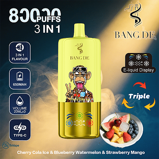 Promotional image for BANG DE 3-in-1 vape featuring a yellow device with a cartoon ape, offering 8000 puffs, 650mAh battery, Type-C charging, e-liquid display, and three flavors: Cherry Cola Ice, Blueberry Watermelon, and Strawberry Mango.