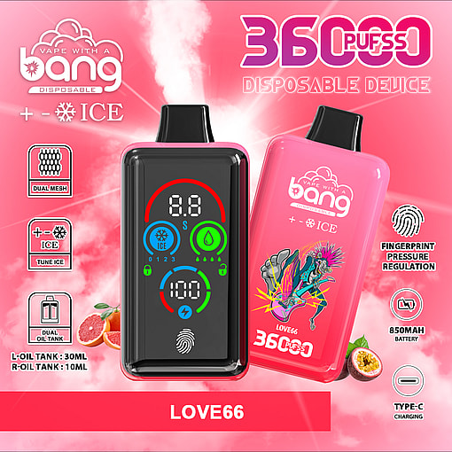 Colorful advertisement for a 'bang' disposable vape device called LOVE66, featuring two vape devices with digital displays, bold text highlighting 36,000 puffs, ice flavor, fingerprint pressure regulation, dual oil tanks, and a 850mAh battery on a pink background with fruit illustrations.