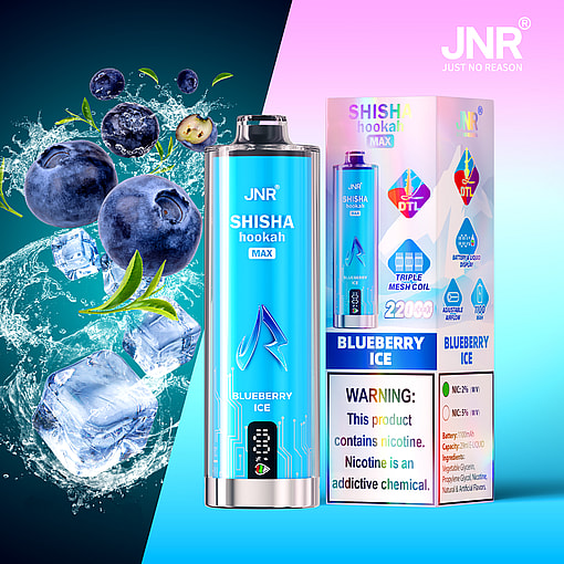 JNR Shisha Hookah Max Blueberry Ice disposable vape and packaging with images of blueberries, ice cubes, and a splash of water, highlighting the blueberry ice flavor and nicotine warning.