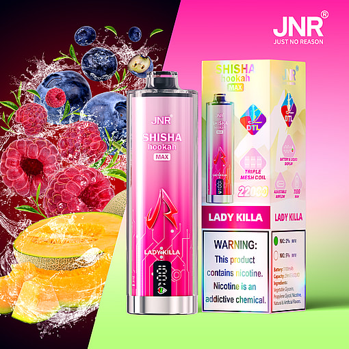 JNR Shisha Hookah Max vape device and its colorful packaging labeled 'Lady Killa', displayed alongside splashes of blueberries, raspberries, and cantaloupe, highlighting fruit flavors and a nicotine warning.