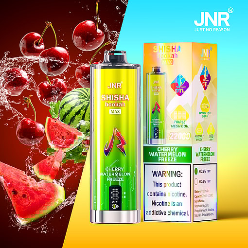 JNR Shisha Hookah Max Cherry Watermelon Freeze vape device and packaging, with images of cherries and watermelons splashing in water, and a nicotine warning label.
