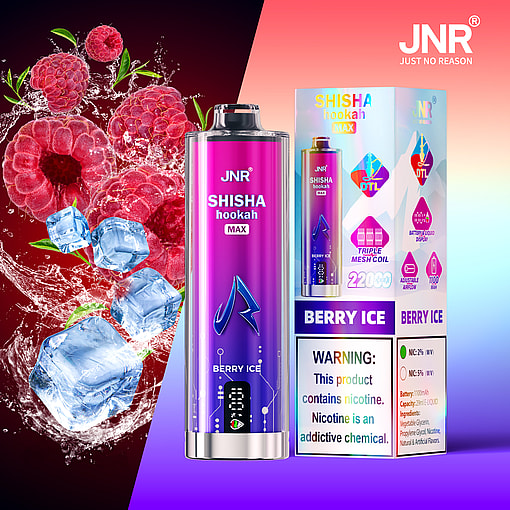 Promotional image for JNR Shisha Hookah Max Berry Ice flavor, featuring a vape device, product packaging, floating raspberries and ice cubes, and a nicotine warning label.