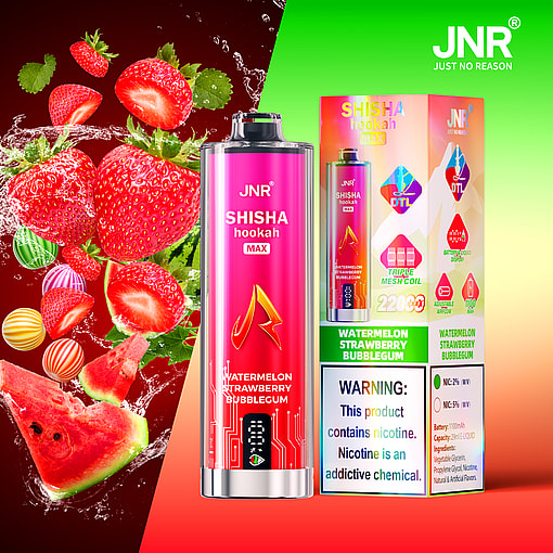 JNR Shisha Hookah Max vape device and packaging in watermelon strawberry bubblegum flavor, displayed with strawberries, watermelon slices, and colorful bubblegum candies, featuring product details and a nicotine warning.