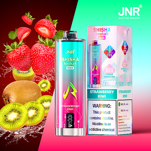 JNR Shisha Hookah Max Strawberry Kiwi vape product with its packaging, surrounded by fresh strawberries and kiwis on a colorful background, featuring nicotine warning and product details.