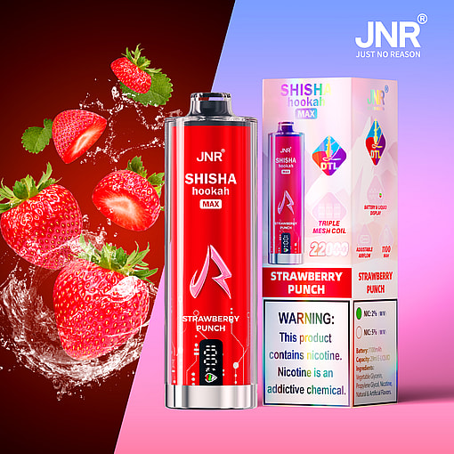 JNR Shisha Hookah Max disposable vape in Strawberry Punch flavor, shown with its packaging and fresh strawberries splashing in water, highlighting nicotine warning and key product features.