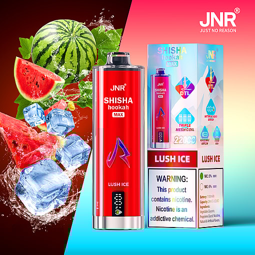 JNR Shisha Hookah Max vape device and packaging with 'Lush Ice' flavor, featuring watermelon slices, ice cubes, and product warnings about nicotine content.