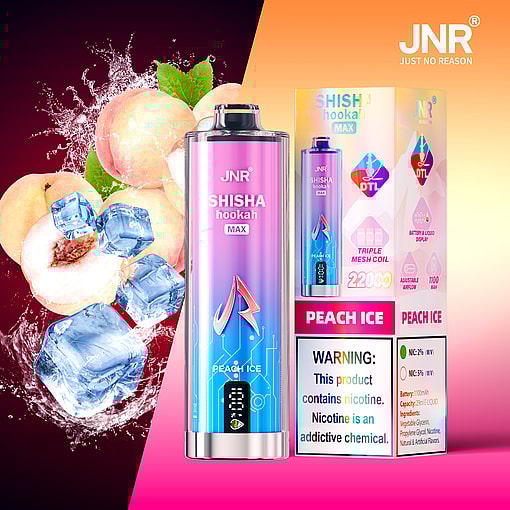 JNR SHISHA hookah MAX Peach Ice disposable vape device and packaging, with peaches, ice cubes, and water splash in the background, highlighting the peach ice flavor and nicotine content warning.