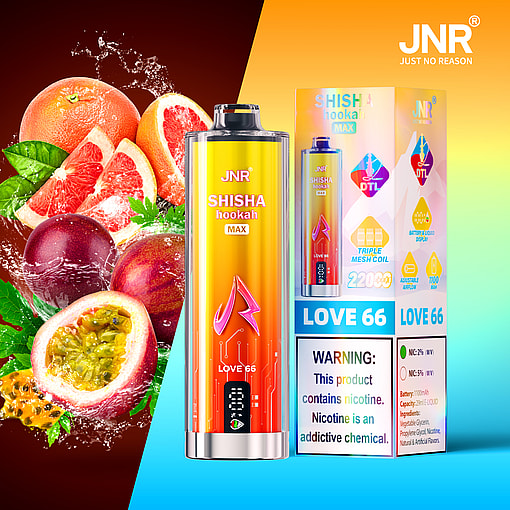 Colorful JNR Shisha Hookah Max vape device and packaging with images of grapefruit and passion fruit, highlighting the 'Love 66' flavor and product warnings about nicotine content.