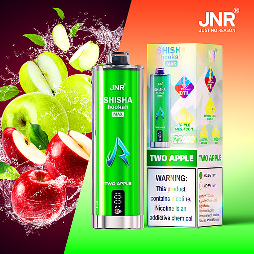 Promotional image featuring JNR Shisha Hookah Max vape device and packaging in the Two Apple flavor, set against a backdrop of splashing green and red apples with water, product details, and a nicotine warning label.
