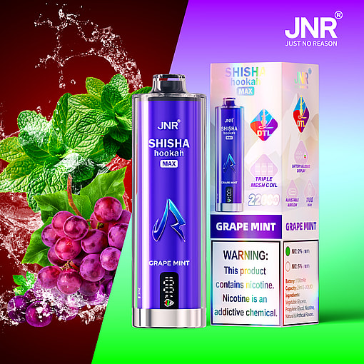 JNR SHISHA hookah MAX Grape Mint disposable vape device and packaging, featuring purple and blue branding, warning label about nicotine, and images of fresh mint leaves and purple grapes with a splash of liquid in the background.