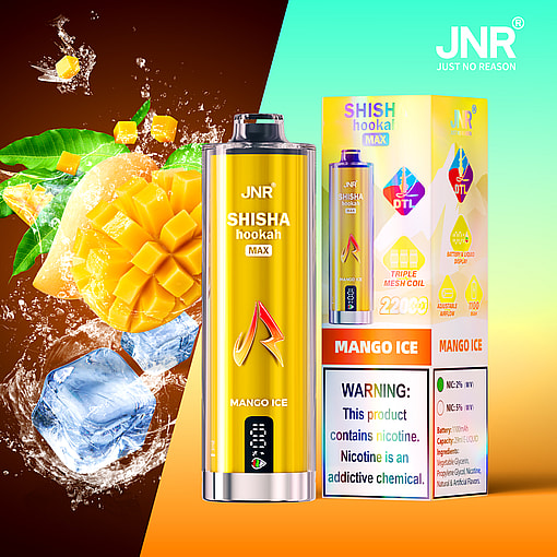 JNR Shisha Hookah Max Mango Ice disposable vape device and packaging, featuring a yellow design with promotional text, accompanied by vibrant images of mango cubes, ice, and splashing water, with a nicotine warning label visible on the box.