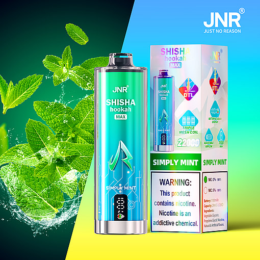 JNR Shisha Hookah Max disposable vape device in Simply Mint flavor, shown with its packaging featuring mint leaves, health warning about nicotine, and images emphasizing key features such as triple mesh coil and battery capacity.