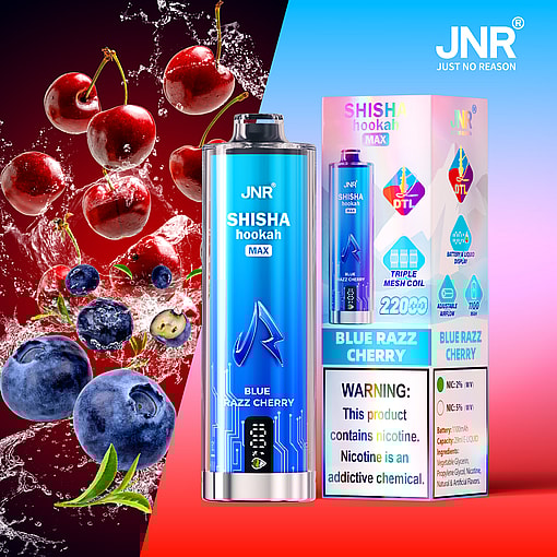 Promotional image of a JNR Shisha Hookah Max vape in Blue Razz Cherry flavor, with the device and its packaging displayed alongside splashing cherries and blueberries on a colorful background.