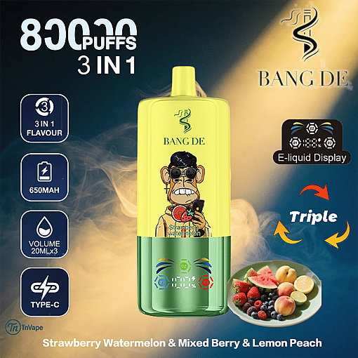 Promotional image for BANG DE disposable vape featuring 8000 puffs, 3-in-1 flavors (strawberry watermelon, mixed berry, lemon peach), e-liquid display, 650mAh battery, 20ml x3 volume, Type-C charging, and a cartoon monkey holding a watermelon slice on the device design.